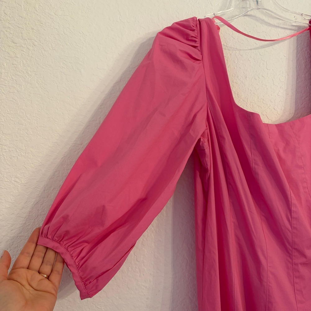 STAUD Swells Dress 16 Midi Puff Sleeve Cotton Poplin Wild Orchid Wedding FLAW - Picture 4 of 16